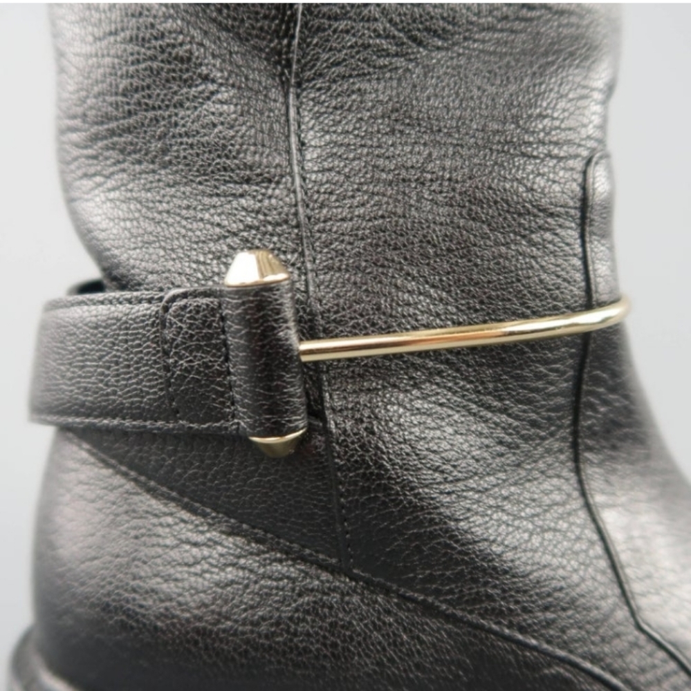 BALENCIAGA EU 40 Black Textured Leather Gold Metal Strap Unisex Biker Boots - Picture 7 of 11